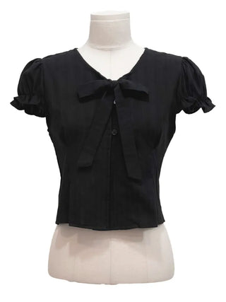 Rubel Ribbon Tie Team Slim Fit Lovely Puff Crop Stripe Cotton Short Sleeve Blouse