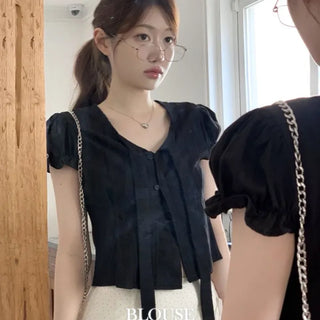 Rubel Ribbon Tie Team Slim Fit Lovely Puff Crop Stripe Cotton Short Sleeve Blouse