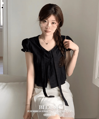 Rubel Ribbon Tie Team Slim Fit Lovely Puff Crop Stripe Cotton Short Sleeve Blouse
