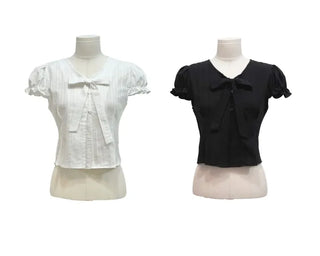 Rubel Ribbon Tie Team Slim Fit Lovely Puff Crop Stripe Cotton Short Sleeve Blouse