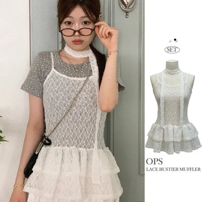 Amuh lace bustier cancan flare layered sleeveless mini one-piece lace muffler set