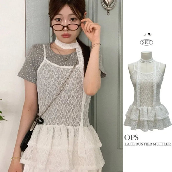 Amuh lace bustier cancan flare layered sleeveless mini one-piece lace muffler set