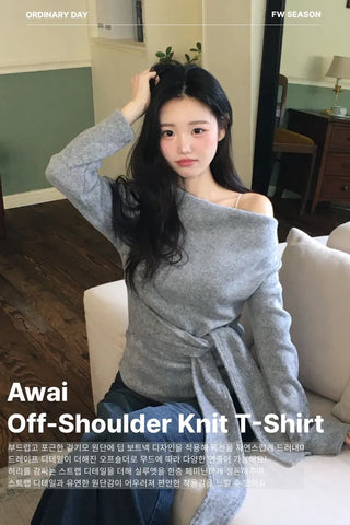 Awai drape off-shoulder waist strap outer fleece long sleeve knit t-shirt