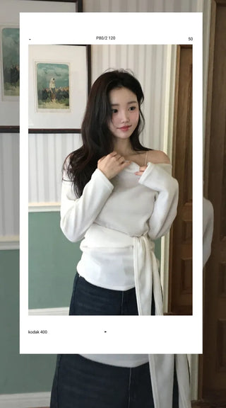 Awai drape off-shoulder waist strap outer fleece long sleeve knit t-shirt