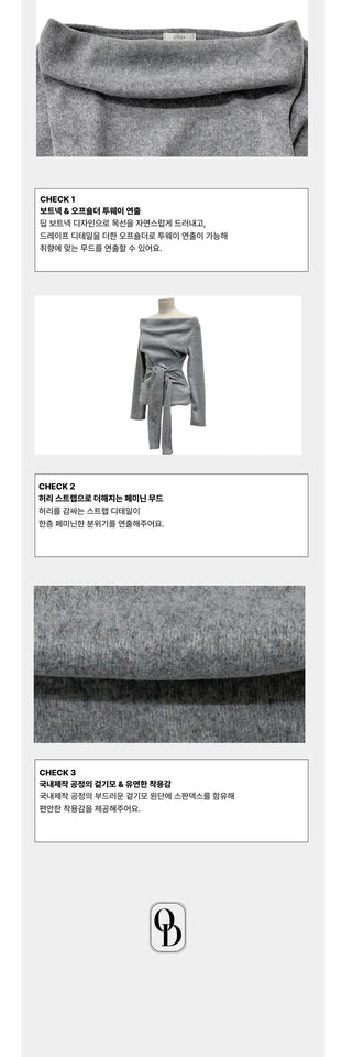 Awai drape off-shoulder waist strap outer fleece long sleeve knit t-shirt