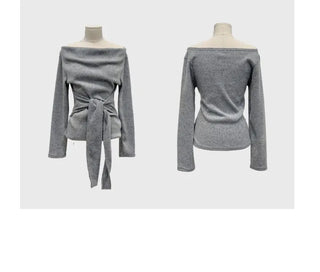 Awai drape off-shoulder waist strap outer fleece long sleeve knit t-shirt
