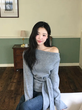 Awai drape off-shoulder waist strap outer fleece long sleeve knit t-shirt