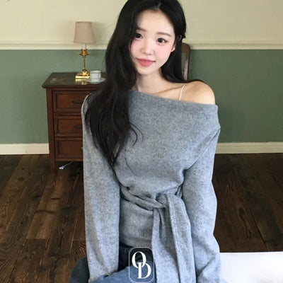 Awai drape off-shoulder waist strap outer fleece long sleeve knit t-shirt