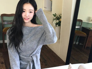 Awai drape off-shoulder waist strap outer fleece long sleeve knit t-shirt