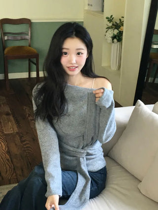 Awai drape off-shoulder waist strap outer fleece long sleeve knit t-shirt