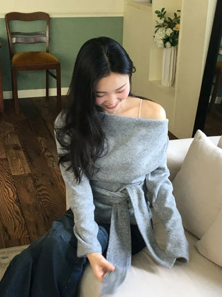 Awai drape off-shoulder waist strap outer fleece long sleeve knit t-shirt