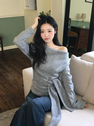 Awai drape off-shoulder waist strap outer fleece long sleeve knit t-shirt
