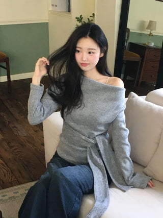 Awai drape off-shoulder waist strap outer fleece long sleeve knit t-shirt