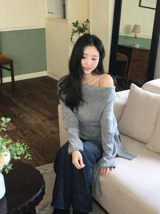 Awai drape off-shoulder waist strap outer fleece long sleeve knit t-shirt
