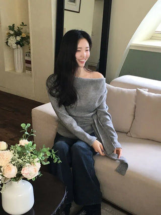 Awai drape off-shoulder waist strap outer fleece long sleeve knit t-shirt