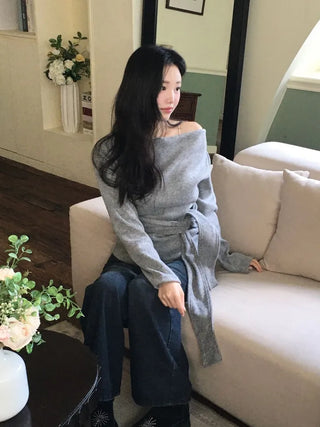 Awai drape off-shoulder waist strap outer fleece long sleeve knit t-shirt
