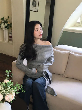 Awai drape off-shoulder waist strap outer fleece long sleeve knit t-shirt