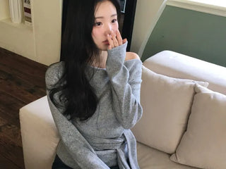 Awai drape off-shoulder waist strap outer fleece long sleeve knit t-shirt