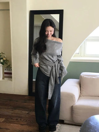 Awai drape off-shoulder waist strap outer fleece long sleeve knit t-shirt
