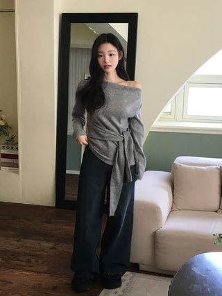Awai drape off-shoulder waist strap outer fleece long sleeve knit t-shirt