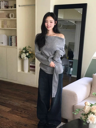 Awai drape off-shoulder waist strap outer fleece long sleeve knit t-shirt