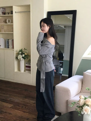 Awai drape off-shoulder waist strap outer fleece long sleeve knit t-shirt