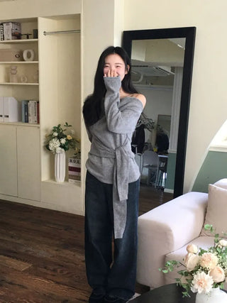 Awai drape off-shoulder waist strap outer fleece long sleeve knit t-shirt