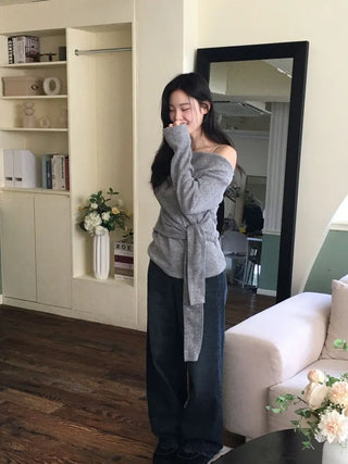 Awai drape off-shoulder waist strap outer fleece long sleeve knit t-shirt
