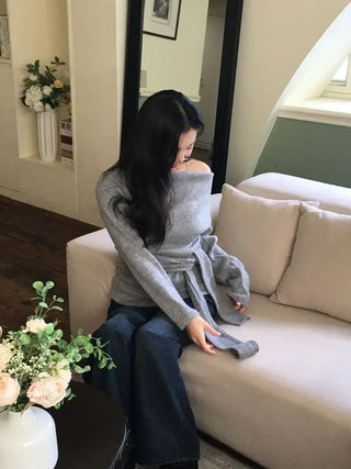 Awai drape off-shoulder waist strap outer fleece long sleeve knit t-shirt