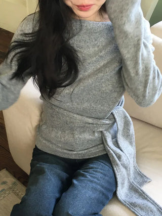 Awai drape off-shoulder waist strap outer fleece long sleeve knit t-shirt