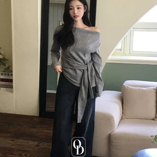 Awai drape off-shoulder waist strap outer fleece long sleeve knit t-shirt
