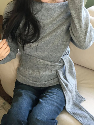 Awai drape off-shoulder waist strap outer fleece long sleeve knit t-shirt