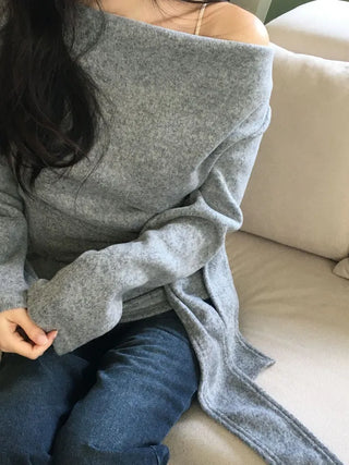 Awai drape off-shoulder waist strap outer fleece long sleeve knit t-shirt