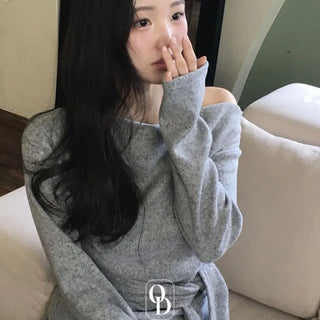 Awai drape off-shoulder waist strap outer fleece long sleeve knit t-shirt