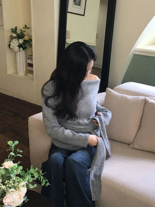 Awai drape off-shoulder waist strap outer fleece long sleeve knit t-shirt