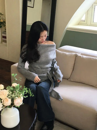 Awai drape off-shoulder waist strap outer fleece long sleeve knit t-shirt