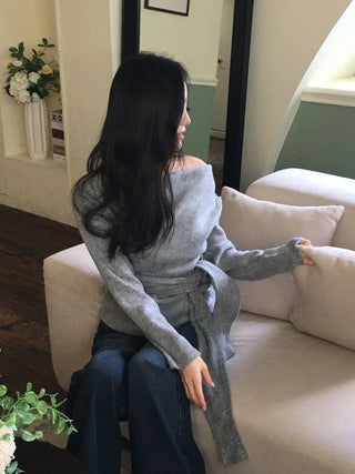 Awai drape off-shoulder waist strap outer fleece long sleeve knit t-shirt