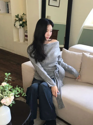 Awai drape off-shoulder waist strap outer fleece long sleeve knit t-shirt