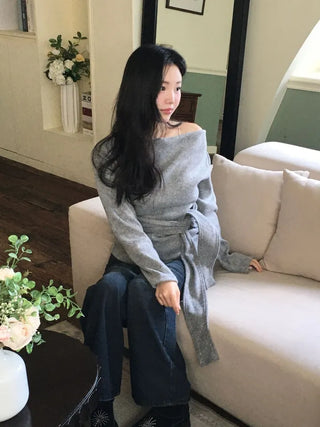 Awai drape off-shoulder waist strap outer fleece long sleeve knit t-shirt