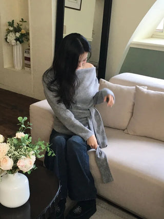 Awai drape off-shoulder waist strap outer fleece long sleeve knit t-shirt