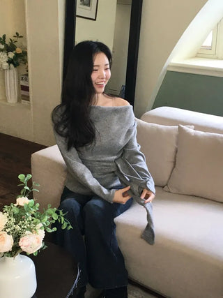 Awai drape off-shoulder waist strap outer fleece long sleeve knit t-shirt