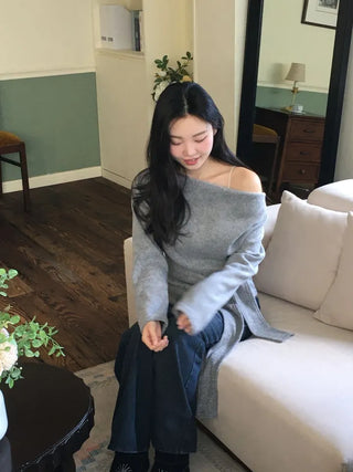 Awai drape off-shoulder waist strap outer fleece long sleeve knit t-shirt