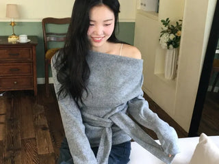 Awai drape off-shoulder waist strap outer fleece long sleeve knit t-shirt