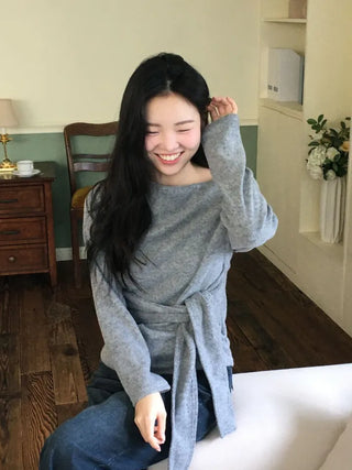 Awai drape off-shoulder waist strap outer fleece long sleeve knit t-shirt
