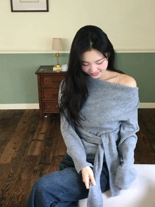 Awai drape off-shoulder waist strap outer fleece long sleeve knit t-shirt