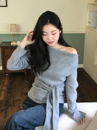 Awai drape off-shoulder waist strap outer fleece long sleeve knit t-shirt