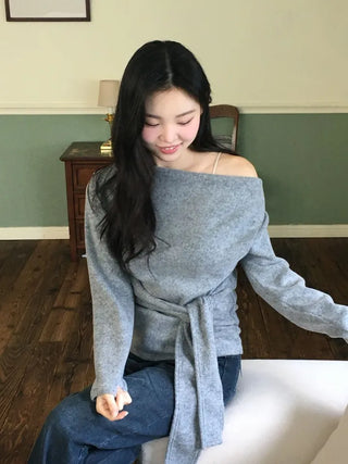 Awai drape off-shoulder waist strap outer fleece long sleeve knit t-shirt