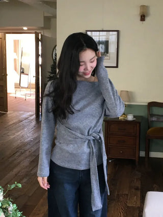 Awai drape off-shoulder waist strap outer fleece long sleeve knit t-shirt