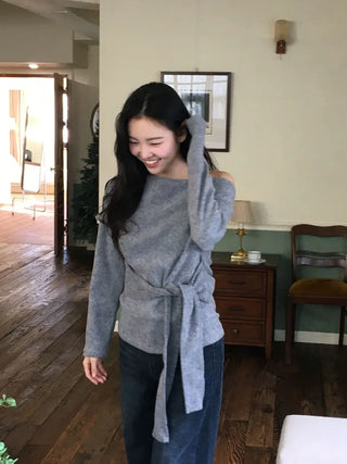 Awai drape off-shoulder waist strap outer fleece long sleeve knit t-shirt