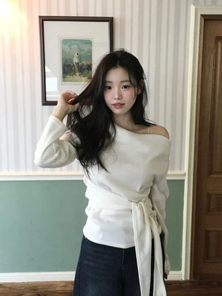 Awai drape off-shoulder waist strap outer fleece long sleeve knit t-shirt